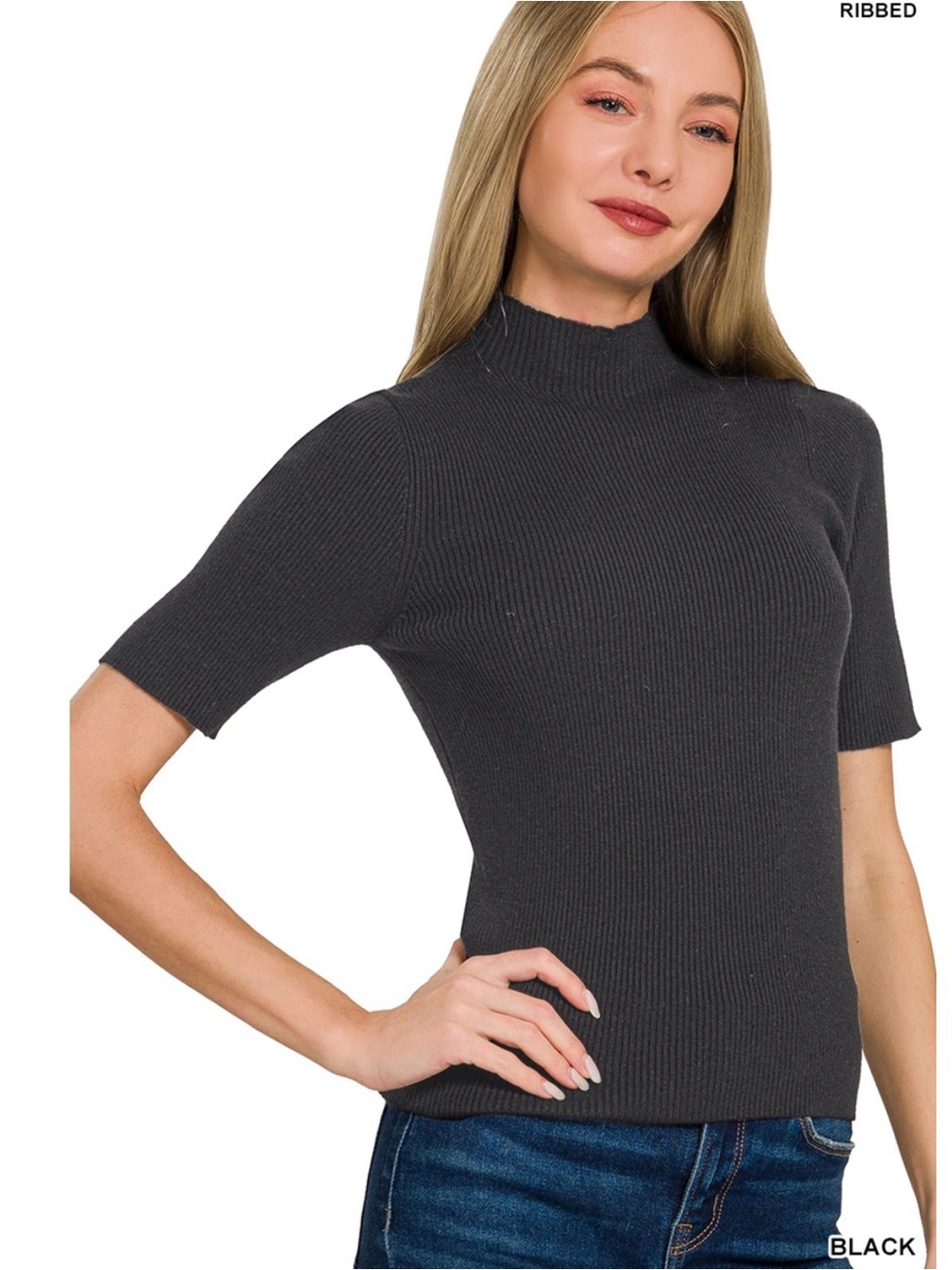 Zenana  Black Ribbed Mock Neck Short Sleeve Sweater Top